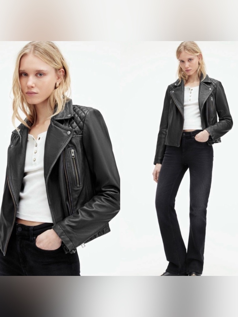 Anine Bing‎ Black Quilted Shoulder Leather Moto Jacket Small *flaw